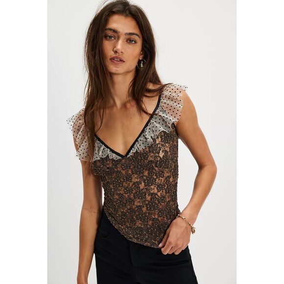 Free People Tops - Free People Charlotte Tank Top Cropped Ruffle Mesh Sleeveless Sheer L 279043